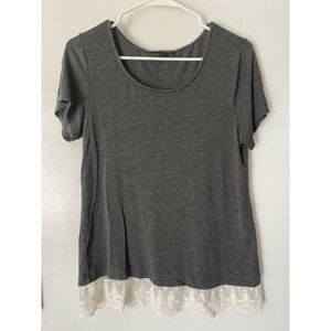 AB STUDIO Gray Short Sleeve Shirt Lace Trim Small